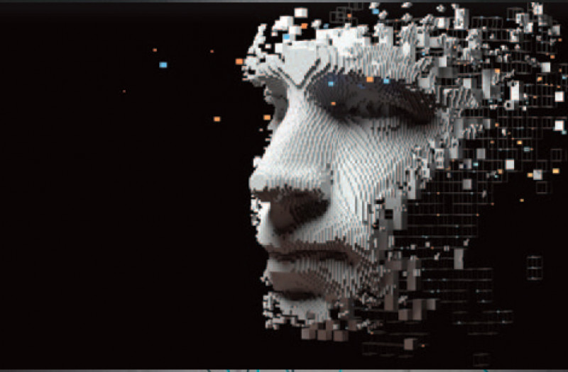 Face made of loads of computer generated tiles disappears into darkness