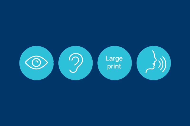 4 accessibility icons depicting an eye, an ear, Large Print and a face speaking